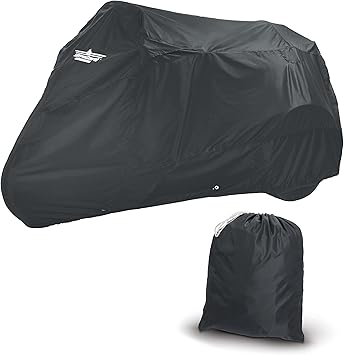 Motorcycle Trike Cover - Weather-Resistant with Elastic Hem, Rustproof Grommets, Storage Bag, Windshield Liner, Antenna Flaps & Expandable Windshield Pockets