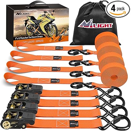 Nilight Ratchet Tie Down Straps 4500Lbs Max Break Strength 1”×15’ Heavy Duty Motorcycle Straps with S Hooks Rubber Handle and 1” ×12’ Soft Loop for UTV Motorcycle Moving Securing Cargo (Orange 4 Pack)