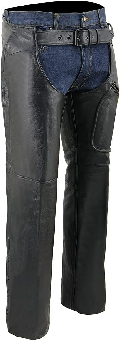 Milwaukee Leather Chaps for Men’s Black Naked Skin Front 3-Pockets - Thigh Patch Pocket Motorcycle Chap - SH1766