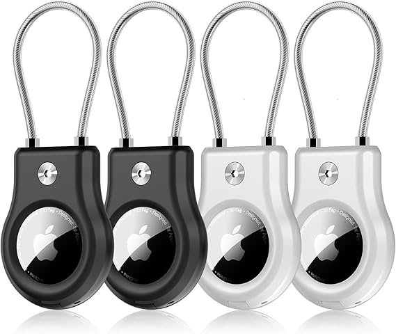 FlyCoco Compatible with Apple AirTag Secure Holder, 4 Pack AirTag Lock Case Keychain Holder with Wire Cable, Anti-Lost Protective Case with Keyring for Luggage Key Backpack Dog Collar, Black & White