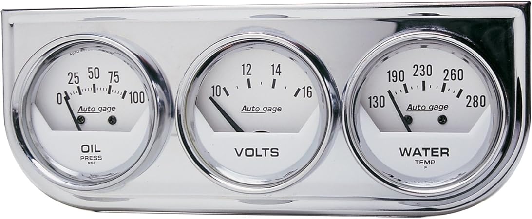 AUTO METER 2325 Autogage White Console Oil/Volt/Water Gauge with Chrome Steel , 2.3125 in.