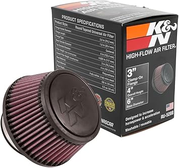 K&N Universal Clamp-On Air Intake Filter: High Performance, Premium Washable, Replacement Air Filter: Flange Diameter: 3 In, Filter Height: 3 In, Flange L: 1 In, Shape: Round Tapered, RU-5288,Multi