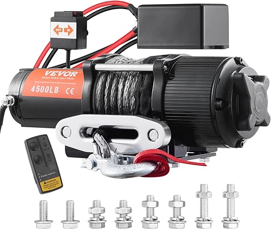 VEVOR Electric Winch, 12V 4500 lb Load Capacity Nylon Rope Winch, IP55 1/4” x 39ft ATV UTV Winch with Wireless Handheld Remote & Hawse Fairlead for Towing Jeep Off-Road SUV Truck Car Trailer Boat