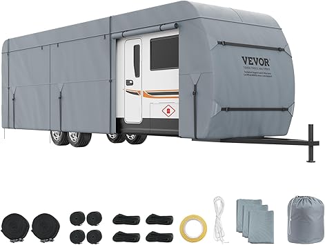 VEVOR Travel Trailer Cover, 30-32' RV Cover, 4-Layer Non-Woven Fabric Camper Cover, Waterproof, Windproof and Wear-Resistant Class A RV Cover, Rip-Stop Camper Cover with Storage Bag and Patches