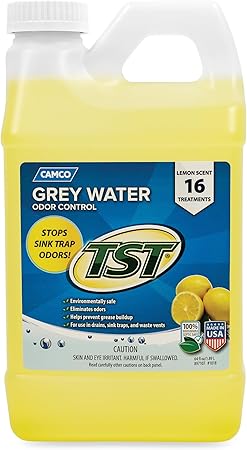 Camco TST Camper / RV Grey Water Odor Control - Removes Grease Buildup in Gray Water Tank, Sink & Shower Drains - 4oz Treats 40-Gal Holding Tank - Safe Septic Tank Treatment - Lemon, 64 oz (40256)