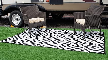 Stylish Camping TD5081 5-feet by 8-feet Reversible Mat, Recycled Plastic, Home, Patio, RV, Camping, Picnic, Beach - Geo Design Mat (Black/White)