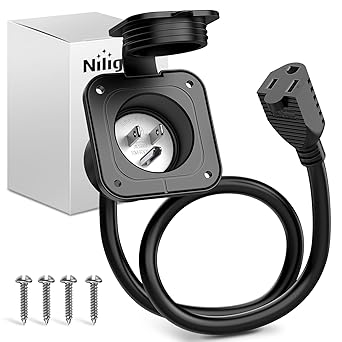 Nilight 15 AMP RV Power Flanged Inlet 125V AC Port Shore Power Receptacle with Extension Cord ETL Listed NEMA 5-15P Plug 5-15R Female Outlet for RV Camper Generator Shed Motorhome, 2 Years Warranty