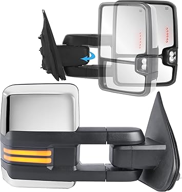 Power Folding Towing Mirrors Compatible for 2007-2013 Chevy Silverado GMC Serria Yukon Suburban Tahoe, Heated Side Mirror w/White Running light Turn Signal Light, Extended Pair Set Chrome