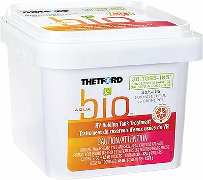 Thetford AquaBio RV Holding Tank Treatment Orange Twist Scent, Formaldehyde Free, Septic Tank Safe Waste Digester and Deodorizer 30 Count Toss-Ins, 1 Count (Pack of 1)