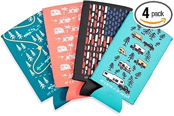 Camco Life Is Better at The Campsite Skinny Cozie Can Coolers | Features 4 Unique Camper/RV Themed Designs | 4-Pack (53309)