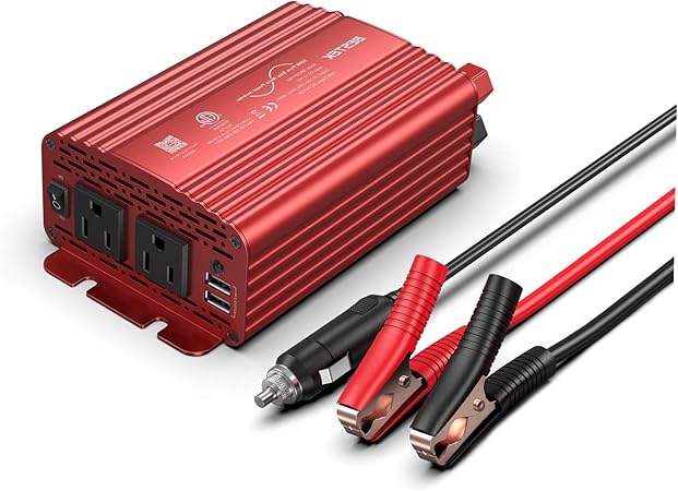 BESTEK 300Watt Pure Sine Wave Power Inverter - DC 12V to AC 110V Car Plug Inverter Adapter, Power Converter with 4.8A Dual USB Charging Ports and 2 AC Outlets Car Charger