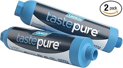 Camco TastePURE RV Water Filter - New Advanced 6-Step Patent-Protected Filtration - Camping Essentials for Fresh Drinking Water - 2-Pack of RV Inline Water Filters, Made in USA (40045)