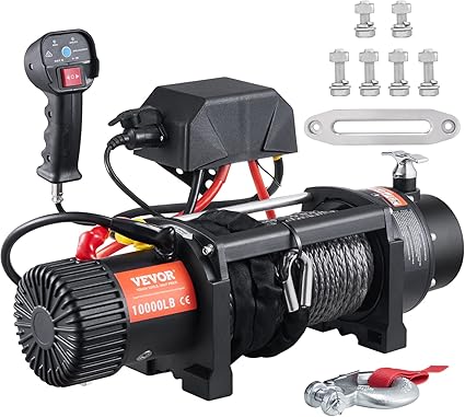 VEVOR Electric Winch, 12V 10,000 lb Load Capacity Nylon Rope Winch, IP67 7/20” x 85ft ATV Winch with Wireless Handheld Remote & Hawse Fairlead for Towing Jeep Off-Road SUV Truck Car Trailer Boat