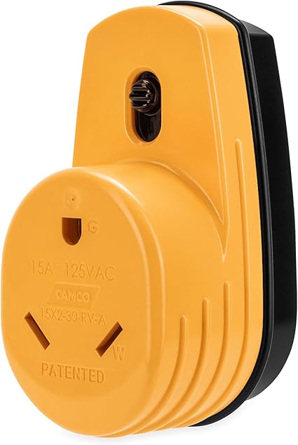 Camco PowerGrip RV Two-Plug 15-Amp to Single 30-Amp Adapter |125 V/1875 W (55225), Yellow