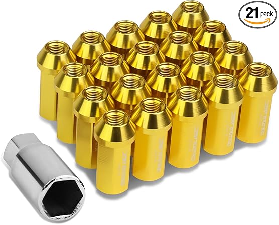 DNA MOTORING LN-ZTL-9019-125-GD 20Pcs M12 x 1.25 Close End Wheel Lug Nuts w/Deep Drive Extension Adapter, 25mm OD/50mm H, Gold