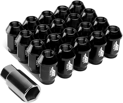 J2 Engineering 7075-T6 Aluminum M12 x 1.25 20Pcs 40mm Tall Open-End Lug Nut w/Socket Adapter Black