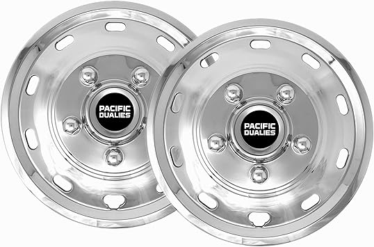 Pacific Dualies Polished 16 Inch 5 Lug Stainless Steel Wheel Simulator Axle Kit for Ford Transit with Single Wheels with 10 Vent Holes.