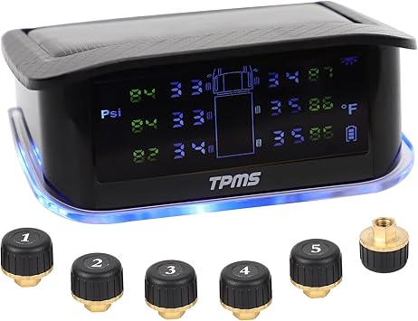 RV Tire Pressure Monitoring System 6 Sensors Wireless Solar TPMS LCD Display Real-time Monitoring Pressure and Temperature Minder 0-217 PSI for Trailer Truck Van Fifth Wheel Motorhome Pickup Towing