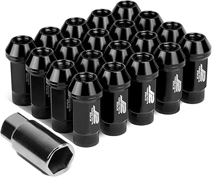 J2 Engineering 7075-T6 Aluminum M12 x 1.25 20Pcs 50mm Tall Knurled Top Lug Nut w/Adapter Black