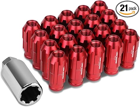 DNA MOTORING LN-ZTL-9025-15-RD 20Pcs M12 x 1.5 Open End Style Wheel Lug Nuts w/Deep Drive Extension Adapter, 24mm OD/50mm H, Red