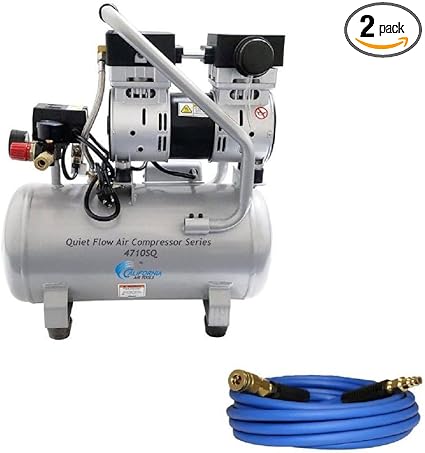 California Air Tools 4710SQH Quiet Flow 1.0 Hp, 4.7 Gal. Steel Tank Air Compressor with 25' Hybrid Air Hose