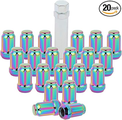 SCITOO 20pcs 12x1.5 Wheel Lug Nuts Set Tall 1.38 * 0.8 Closed End Lug Nuts + 1 Socket Key Replacement fit for Acura for Chevrolet for Honda for Hyundai OEM Factory NeoChrome