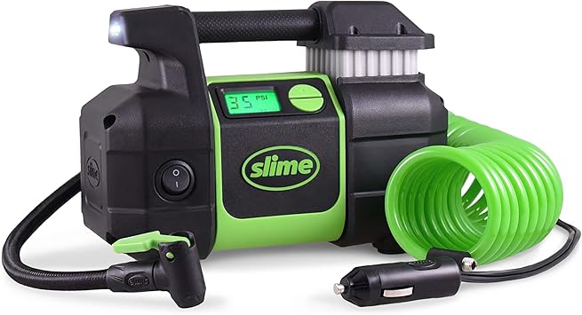 Slime 40063 Tire Inflator, Portable Car, SUV, 4x4 Air Compressor, Elite Heavy Duty, Inflate Right Automatic Shut Off, with Digital 99 psi Display, Long Hose and LED Light, 12V, 3 min Inflation