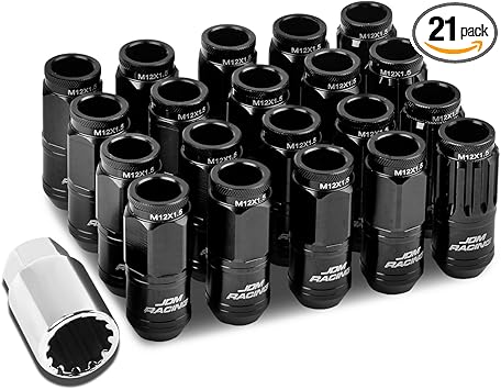 DNA MOTORING LN-ZTL-9015-15-BK 16Pcs M12 x 1.5 21mm OD/50mm Height Aluminum Open End Lug Nuts w/ 4 x Lock Nut, 1 x Lock Nut Key (Black)