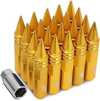 J2 Engineering 7075 Aluminum Gold M12 x 1.5 20Pcs L: 107mm Spiky Cap Lug Nut w/Socket Adapter