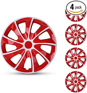 Hubcaps 15'', Wheel Rim Cover Universal R15 Hub Caps, Snap On Car Pickup Truck SUV, Wheel Covers, ABS & PC Material, Set of 4, 15-Inch, White & Red Lacquer