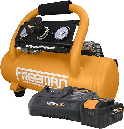 Freeman PE20V1GCK 20 Volt Cordless 1 Gallon 1/3 HP Portable Air Compressor Kit with Lithium-Ion Battery and Charger – 700 Shots per Charge