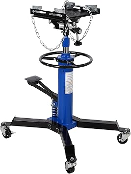 1 Blue Efficient Transmission Jack - 2-Stage Telescoping Hydraulic Lift, Foot Pedal, 360° Swivel Wheel, Garage Essential.