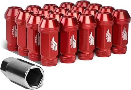 J2 Engineering 20Pcs M12 x 1.25 7075-T6 Aluminum 50mm Open-End Lug Nut w/Socket Adapter (Red)