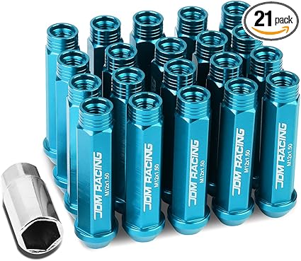 DNA MOTORING LN-ZTL-9014-15-LB 20Pcs M12 x 1.5 Aluminum Alloy Open End Wheel Lug Nuts w/Deep Drive Extension, Light Blue, 25mm OD/90mm H