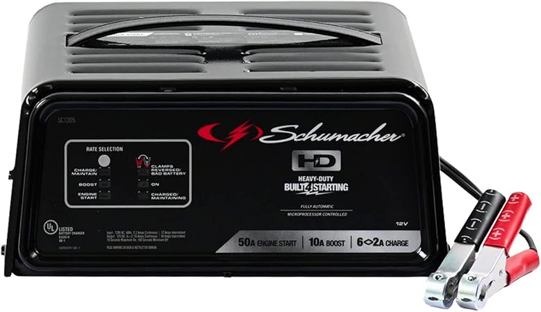 Schumacher Electric 2-in-1 Jump Starter and Battery Charger, SC1305 - Fully Automatic, 50 Cranking Amps, 10 Amp Boost, 12 Volts for Motorcycle, Power Sport, Car, Truck, and Marine Batteries