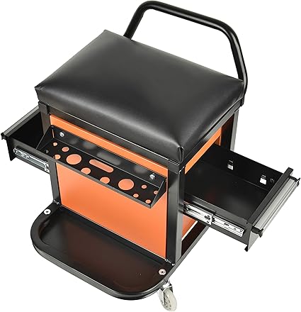 AA041® Padded Heavy Duty Creeper Seat With Extra Storage, 300 Pounds Capacity Mechanics Chair With Drawers, Orange Tool Box Chair with 4 Pieces 2-1/2