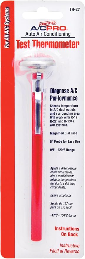 Interdynamics Certified A/C Pro Car Air Conditioner Test Thermometer, Helps Diagnose AC Performace and Checks Outlet Duct Temperature and Ambient Temperature, Includes Holder and Clip