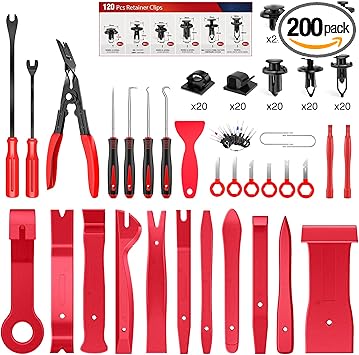 Nilight 200Pcs Trim Removal Tool, Auto Push Pin Bumper Retainer Clip Set Fastener Terminal Remover Adhesive Cable Clips Round Handle Crowbar Kit Car Panel Radio Auto Clip Pliers