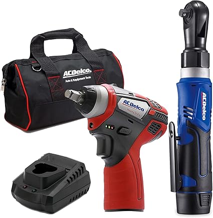 ACDelco ARW1209-K14 G12 Series 12V Li-ion Cordless 3/8” Rachet Wrench & Impact Wrench Combo Tool Kit,Blue/Red