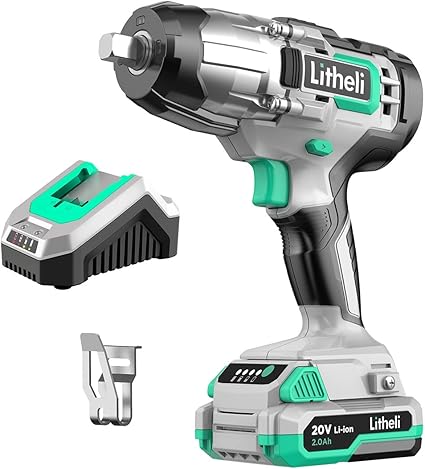 Litheli Impact Wrench Cordless, 1/2 inch Power Impact Driver with 320 ft-lbs(430N.m) Max Torque, 20V Impact Gun Kit with 2.0Ah Li-ion Battery ＆ Fast Charger for Car Home