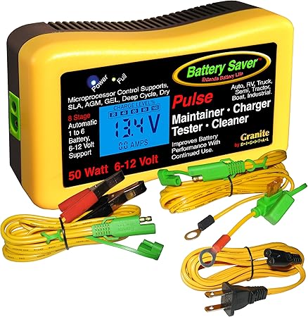 Battery Saver Premium 6 & 12 Volt 50W Pulse Charger, Maintainer & Tester (Gen. 3), Yellow, Black