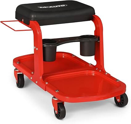 M-AUTO Garage Roller Seat Heavy Duty Rolling Shop Mechanic Creeper/Shop Stool with Tool Tray and Equipment Rack, 300LBS Capacity Creeper Seat with 5 Rollers for Detailing Car, Red