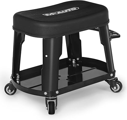 M-AUTO Heavy Duty Garage Rolling Work Seat 300LBS Capacity Mechanics Stool with Wheels, Rolling Work Seat with Equipment Tray and Tool Rack, Rectangle Seat Mechanic Roll Chair, Black