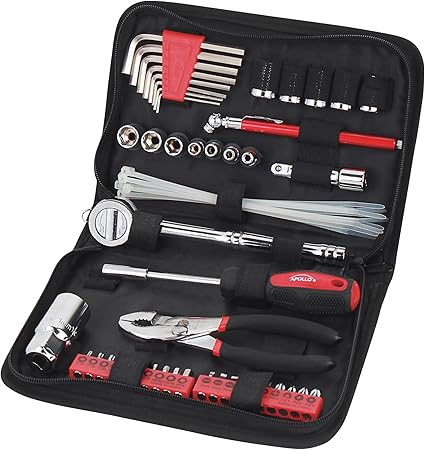 Apollo Tools 56 Piece Compact SAE Auto Tool Set in Zippered Case, Small Mechanic Tool Set for Car Emergency, Motorcycle Repair on the Road, Great for Travel Tool Needs - Red - DT9774