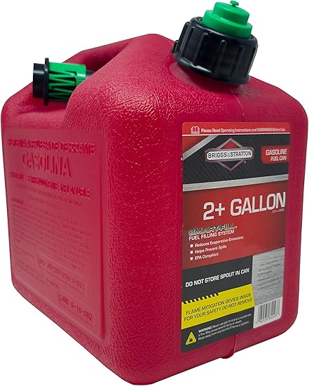 Briggs & Stratton Two Gallon Gas Can, EPA Approved, Smart Fill Spout, and Fire Mitigation (FMD) Compliant,Red