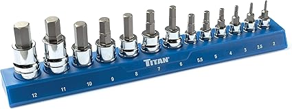 Titan 85531 13-Piece Metric Hex Bit Socket Set, Magnetic Socket Organizer with Laser-Etched Size Markings