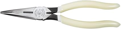 Klein Tools D203-8-GLW Long Nose Pliers, Hi-Viz Glow In the Dark Pliers with Extended Grips For Reach and Leverage, 8-Inch