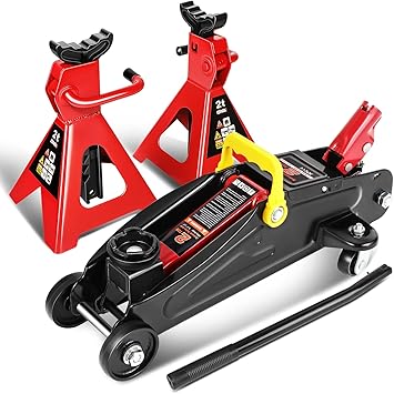 DNA MOTORING TOOLS-00280 Low Profile Hydraulic Trolley Service/Floor Jack Combo with 2 Ratchet Jack Stands, 2 Ton (4000 lbs) Capacity