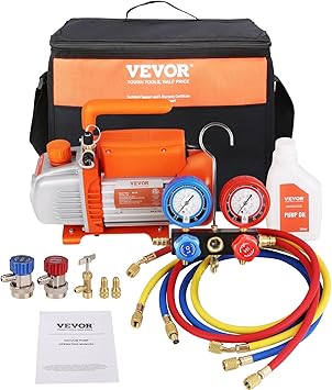 VEVOR 4 CFM AC Vacuum Pump and Gauge Set, Electrical Machinery Compatible with A2L Refrigerants, 1-Stage Rotary Vane Vacuum Pump, Manifold Gauge Suitable for R32 Refrigerants, Incl. R410a Adapter