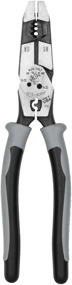 Klein Tools J2159CRTP Side Cutting Pliers, Made in USA, 9-Inch Journeyman High Leverage Hybrid Pliers with Crimper, Fish Tape Puller and Wire Stripper